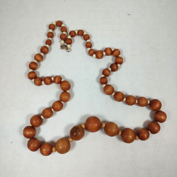Natural Wood & Plastic Beaded Necklace SIlver Tone Metal 24" Graduated Bohemian - Picture 5 of 9